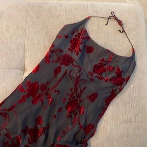 Slate grey metallic gown with red burnout